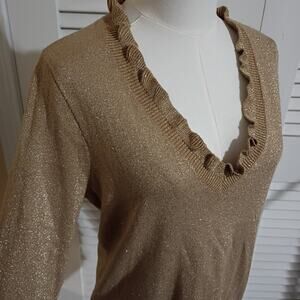 Chaps Women's Large Gold Metallic Ruffle-V Neck Tunic Sweater Cotton Blend